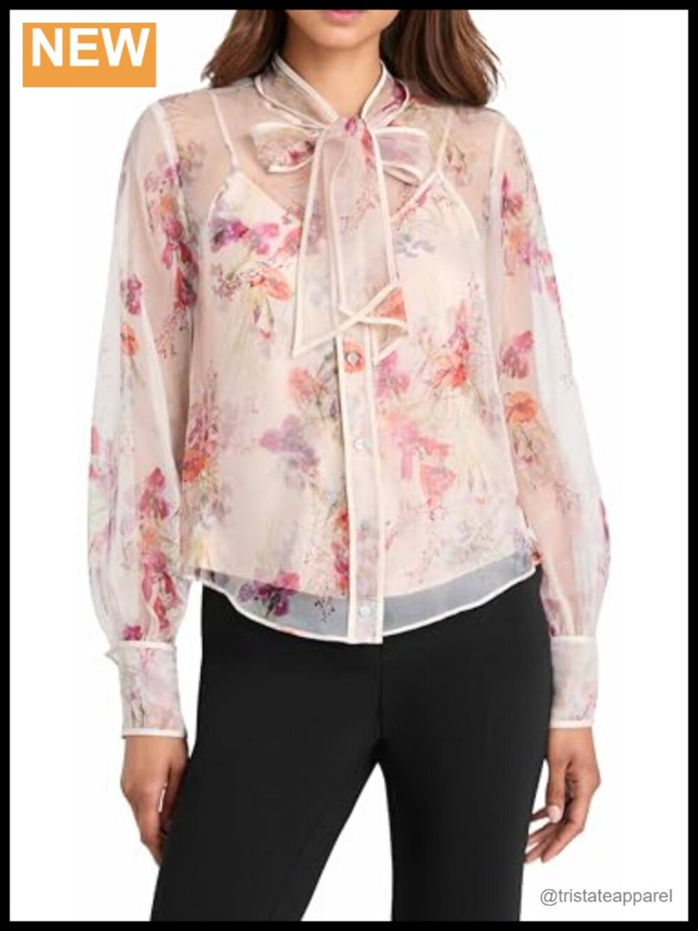 Silk Floral Tie Neck Blouse with Sheer Organza and Cami